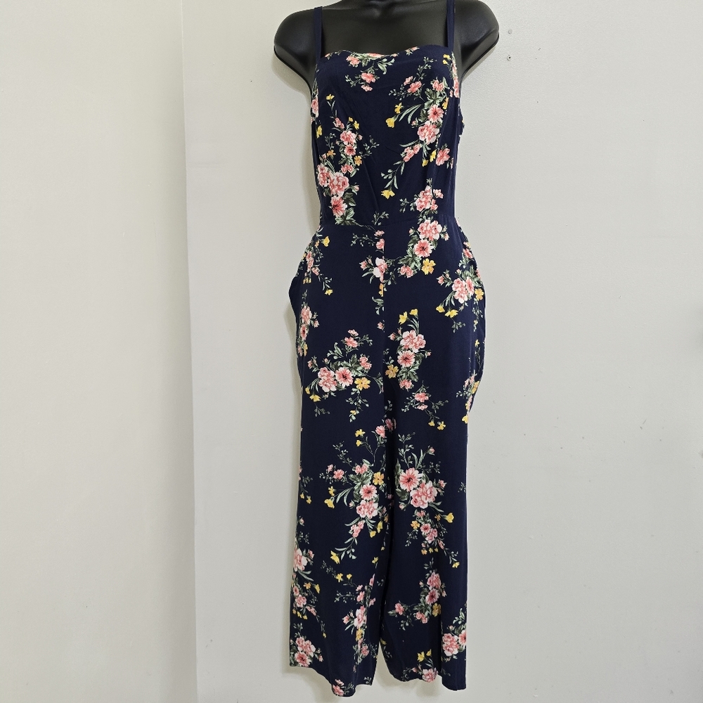 OLD NAVY Medium Floral Sleeveless Square Neck Wide Leg Cropped Jumpsuit Navy